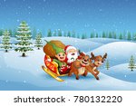Happy santa claus and elf riding his sleigh at winter snow