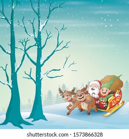 Happy santa claus and elf riding his sleigh at winter snow