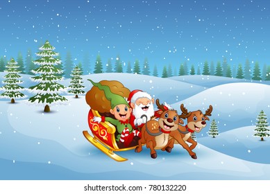 Happy santa claus and elf riding his sleigh at winter snow