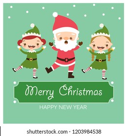 happy santa claus and elves dancing in Christmas greeting card