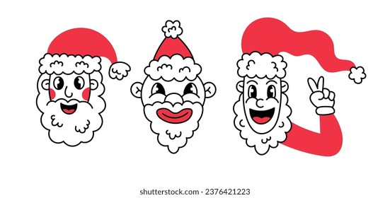Happy Santa Claus face collection. Funny comic Santa head in red hat set. Christmas vector illustration in cartoon doodle style.