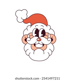 Cara de Papá Noel feliz en estilo groovy. Personaje de Navidades funky en sonrisas de gorra roja. Divertida cabeza de símbolo de Navidad. Elemento de diseño festivo del Año Nuevo. Ilustración vectorial aislada plana sobre fondo blanco