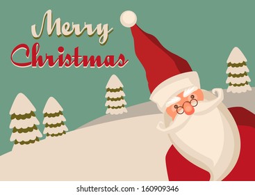 Happy Santa Claus with falling snow and trees. Vector Illustration.
