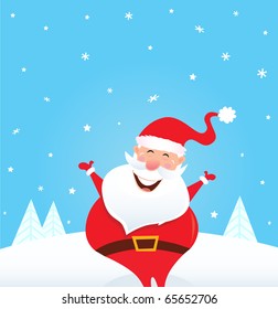 Happy Santa Claus with falling snow and trees. Cute christmas Santa in red costume. Vector Illustration.