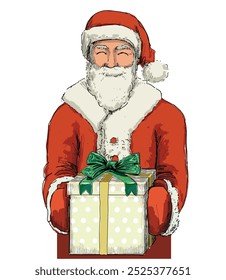 happy santa claus father chrismas holding  xmas gift isolated on white background