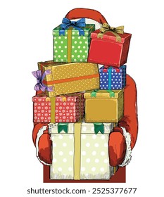 happy santa claus father chrismas holding tower xmas gift isolated on white background