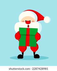 Happy Santa Claus. Fictional character stands with green box in his hands. Poster or banner for website. Discounts and promotions. Merry Christmas and New Year. Cartoon flat vector illustration