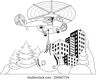 Happy Santa Claus flying in helicopter with christmas gifts