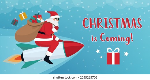 Happy Santa Claus flying on a rocket in the sky under the snow and carrying Christmas gifts in his sack