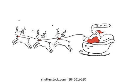 Happy Santa Claus flying in sleigh with reindeers, Christmas greeting card, holiday concept, hand-drawn line art style vector illustration.