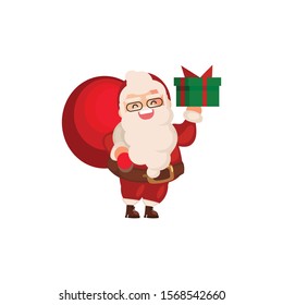 Happy Santa Claus with gift bag and in hand vector Illustration isolated on white background