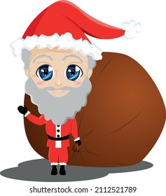 Happy Santa Claus With a Gift Bag. Vector Illustration.