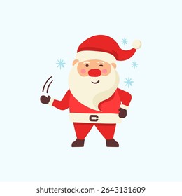 Happy santa claus with gift bag and joyful emotion. Winter festive character illustration in flat style. Greeting card template for christmas holiday and new year celebration design.