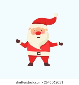 Happy santa claus with gift bag and joyful emotion. Winter festive character illustration in flat style. Greeting card template for christmas holiday and new year celebration design.