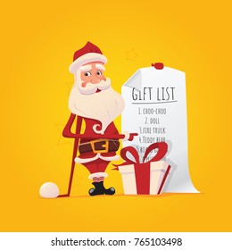 Happy Santa Claus with a gift list.
Vector illustration on a yellow background. Christmas set with Santa Claus.