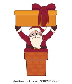 Conjunto de ilustraciones navideñas. Feliz Papá Noel con regalos, bolso con regalos, lista de regalos y galletas. Ilustraciones vectoriales.