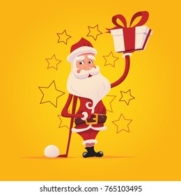 Happy Santa Claus with a gift.
Vector illustration on a yellow background. Christmas set with Santa Claus.