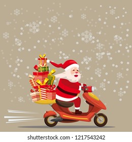 Happy Santa Claus with a gifts box riding a scooter. Christmas holiday theme design element for greeting cards, banners, ads in contemporary cartoon style. Vector lustration