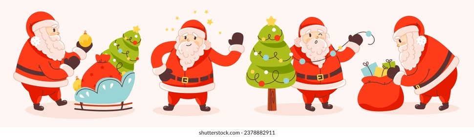 Happy Santa Claus with gifts, a Christmas tree and the magic of Christmas. A set of vector cartoon Santa Claus icons.