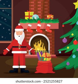 Happy Santa Claus with gifts near the fireplace. Christmas interior decoration concept.