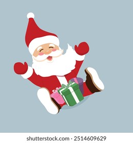 Happy Santa Claus with gifts on a light blue background. Holiday design for greeting card, holiday cover, web poster. Vector illustration. Merry Christmas and Happy New Year to everyone!