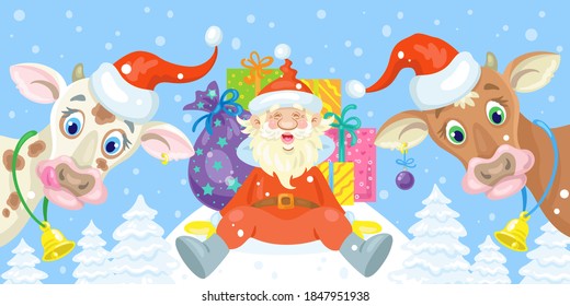 Happy Santa Claus with gifts and two funny bulls-symbols of the New Year in a winter glade. Postcard, poster or banner for 2021. In cartoon style. On a blue background. Vector flat illustration.