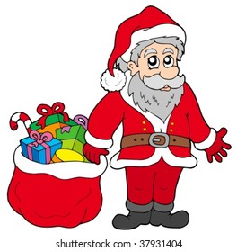 Happy Santa Claus with gifts - vector illustration.