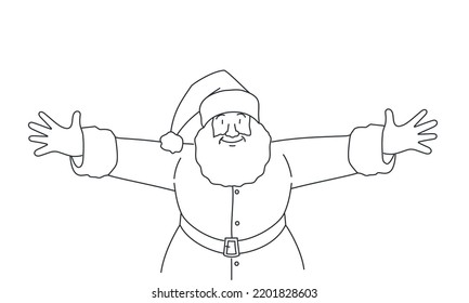 Happy Santa Claus Giving a Hug. Hand drawn vector illustration. Black and white.