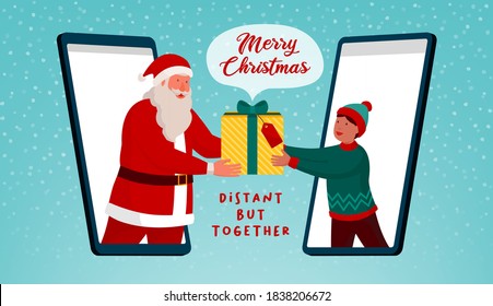 Happy Santa Claus Giving A Virtual Gift To A Boy On A Video Call On Smartphone, Distant But Together Christmas Card