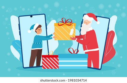 Happy Santa Claus is giving a virtual present to a boy on a video call on smartphone. Christmas card with mobile application for festive mood and online gifts. Flat cartoon vector illustration