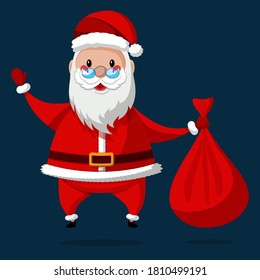 Happy Santa Claus with glasses and big bag. Merry Christmas and Happy New Year 2021! Christmas cute flat character.  Holiday greeting card. Isolated vector illustration.