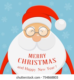 Happy Santa Claus with glasses on blue Christmas background. Red text Merry Christmas and Happy New Year, illustration.