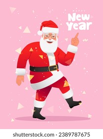 Happy Santa Claus in glasses and a red hat walks merrily. Cartoon Santa points to the inscription - Happy New Year. Christmas poster, postcard. Vector illustration.