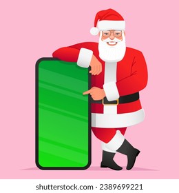 Happy Santa Claus with glasses is standing next to a large smartphone with a chroma key. Cartoon Santa points to the mobile phone screen. New Year's concept for advertising a mobile application. svg