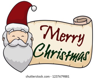 Happy Santa Claus with a greeting scroll, wishing you a merry Christmas.