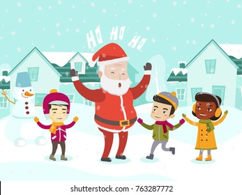 Happy Santa Claus with a group of multiethnic children having fun outdoors on a snowy winter day. African-american, Caucasian and Asian children playing with Santa Claus. Vector cartoon illustration.