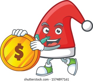 happy santa claus hat cartoon character with gold coin