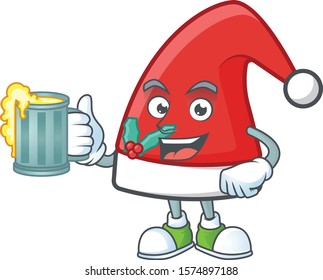 Happy santa claus hat holding a glass of beer