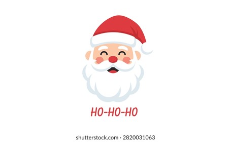 Happy Santa Claus head with a big white beard and red hat is shown with text ho-ho-ho below his face.