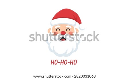 Happy Santa Claus head with a big white beard and red hat is shown with text ho-ho-ho below his face.