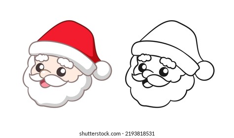 Happy Santa Claus head cartoon illustration. Side View Colored and outline set. Coloring book page printable activity worksheet for kids.