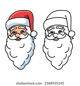 Happy Santa Claus head cartoon illustration. Front view Colored and outline set