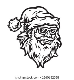 Happy Santa Claus head in hat and sunglasses in vintage monochrome style isolated vector illustration