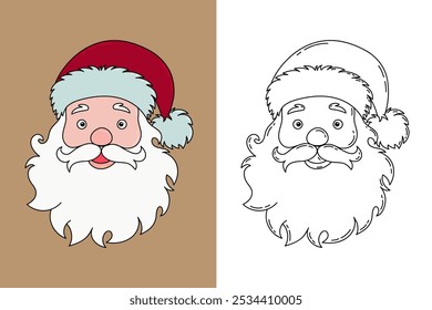 Fröhliche Weihnachtsmann Kopf Umriss und Farbe mit roter Hitze und weißem Bart. Fröhliche Santa Claus Cartoon Head Line Art und farbige Version. Malbuch Santa