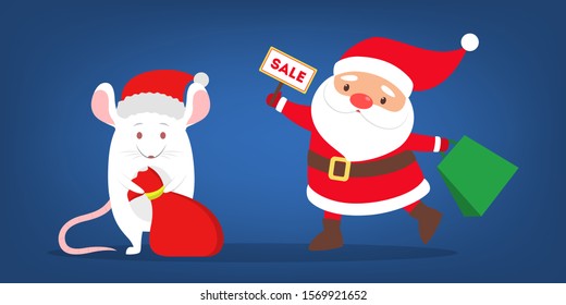 Happy Santa Claus holding bag with present and sale sign. Animal character wearing red. 2020 year of the rat. Christmas sales concept. Isolated vector illustration in flat style