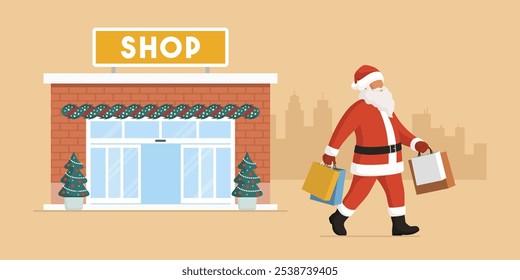 Happy Santa Claus holding bags and doing Christmas shopping, city skyline in the background, holidays and sale concept