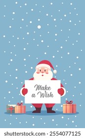 Happy Santa claus holding a banner with text make a wish. Vector illustration