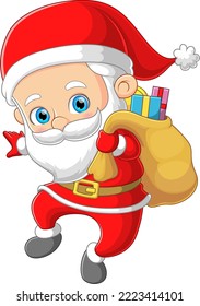 The happy santa claus is holding the big gift with the sack and ready for giving to the children of illustration