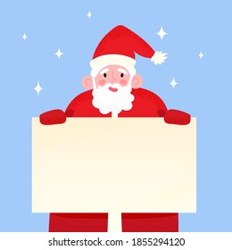 Happy Santa Claus holding blank signboard. Smiling Papa Noel behind celebration banner, on blue snowy background. Vector illustration of Merry Christmas greeting card template