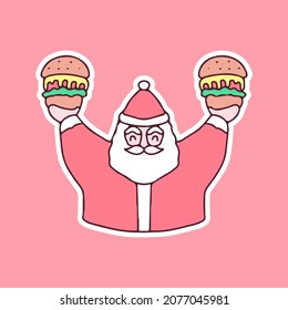 Feliz Santa Claus sosteniendo la ilustración de las hamburguesas. Gráficos vectoriales para impresiones de merch y otros usos.